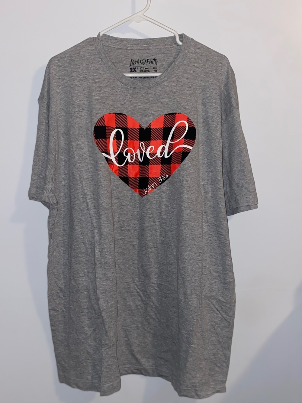 Gray Tee with Red & Black Plaid Heart "Loved" Graphic